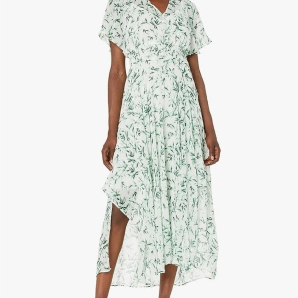 Just Taylor Green White Leaf Print High Low Maxi Dress V-Neck Flutter Sleeve 6